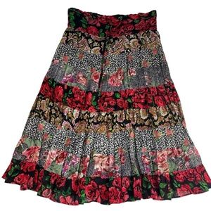 Floral Block Print Tiered‎ Ruffle Cotton Midi Skirt Size Small Red Black India